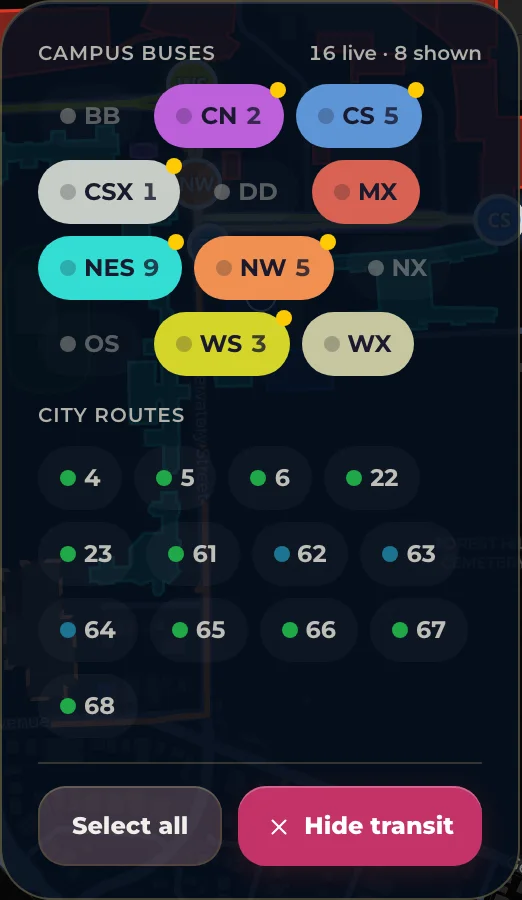 The route picker showing campus bus routes with live counts and city routes below
